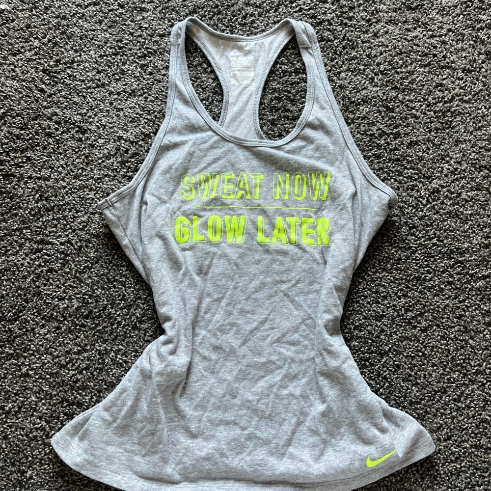 Nike Women's Gray Tank Top with Neon Yellow Text